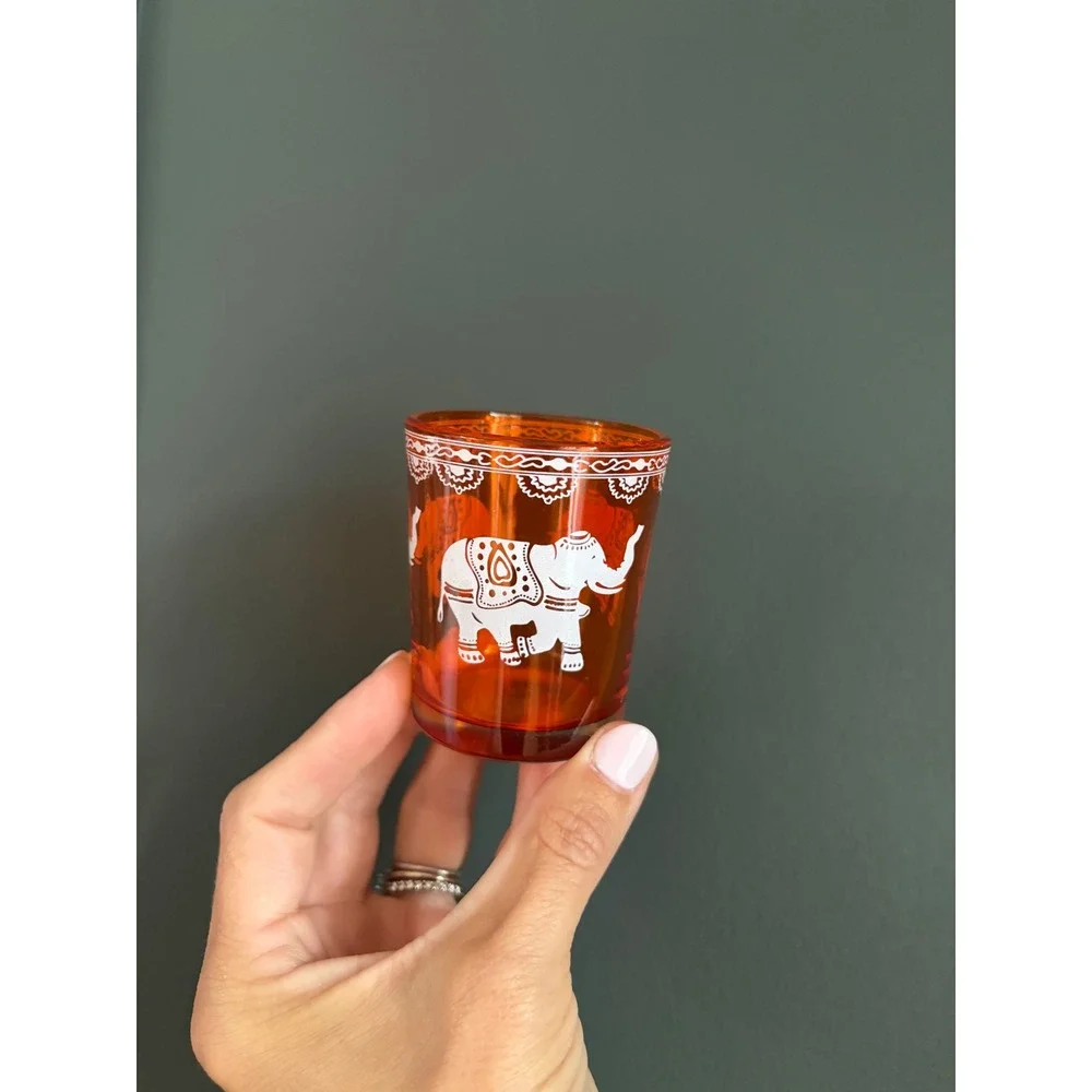 Cultural Intrigue Orange Glass Elephant Tea Light Candle Holder Boho Amber 3in